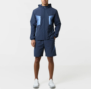 Ensemble de survêtement pour homme, color-block, manches longues, à capuche, fermeture éclair, sportif, léger, polyester, short d'été, séchage rapide, respirant - Product Image 1