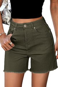 Shorts en toile de coton vert olive taille haute avec braguette boutonnée et ourlet déchiré, style décontracté à cinq poches - Product Image 3