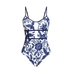 Maillot de bain une pièce imprimé floral bleu marine fait main, coupe échancrée, écoresponsable et à séchage rapide pour femme - Product Image 3