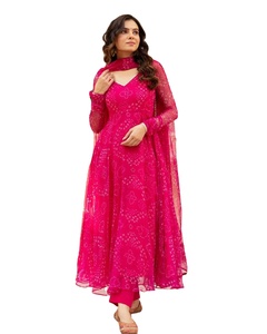 Jeunes dames filles à la mode col en V Anarkali robe Bandhani motif énorme Flair fait soie Viscose disponible taux de gros - Product Image 1