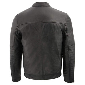Blouson de moto en cuir véritable pour homme, col montant, fermeture éclair, coupe ajustée, style motard, coupe-vent, hiver, couleur unie - Product Image 3
