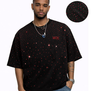 Camiseta Negra Oversize de Algodón para Hombre con Pedrería Roja y Cristales Brillantes 2026 - Estilo Hip Hop de Lujo y Streetwear Bling - Product Image 1