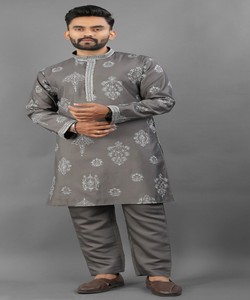 <b>Men's</b> Grey Embroidered <b>Kurta</b> <b>Pajama</b> Traditional Wedding Ethnic Wear Indian Pakistani Clothing SWASTIK- ALU ARJUN 85316 - Product Image 1