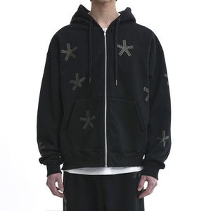Ensemble de survêtement à capuche noir pour homme, manches longues, fermeture éclair, coupe ample, motif étoile géométrique, coton, tenue décontractée d'automne - Product Image 5