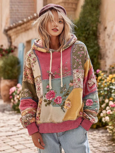 <b>Women's</b> Patchwork Hooded <b>Sweatshirt</b> Floral Embroidery Knitted Bohemian Style Full Sleeve Spring Wear - Product Image 4