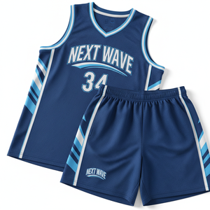 Nouveautés : Uniforme de basketball bleu personnalisé Next Wave, maillot et short de sport d'équipe professionnels respirants en Spandex/Polyester à col en V - Product Image 4