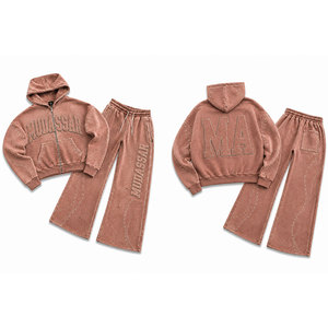 Men Hooded Tracksuit <b>Set</b> 100% Cotton Acid Washed Embossed 450 Gsm Loose Fit Rhinestone Cropped <b>Joggers</b> Casual Wear - Product Image 3