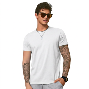 T-shirt décontracté pour homme, bleu, manches courtes, col rond, coupe classique, couleur unie, jersey tricoté en coton - Product Image 4