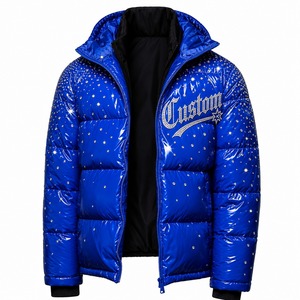Chaqueta acolchada de PU azul personalizada para hombre, cuello alto, cierre de cremallera, estampado de lentejuelas brillantes, estilo urbano, relleno grueso de poliéster - Product Image 1