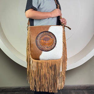 New Design Hand Tooled <b>Leather</b> Fringe Crossbody Bag <b>Large</b> Capacity Genuine Cowhide <b>Leather</b> Sunflower Design <b>Handbag</b> for Women's - Product Image 5