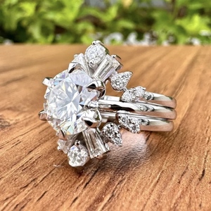 Luxury White Gold Plated 3 Piece <b>Stack</b> <b>Ring</b> Set with Round Cut Center Stone Lab-grown Diamond and Baguette Accent Design - Product Image 2
