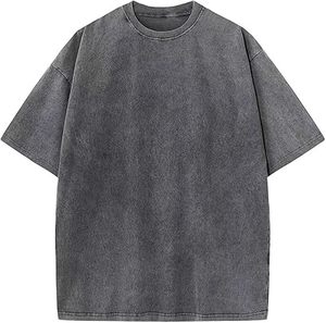 Camiseta de Algodón Lavado Oversize para Hombre, Manga Corta, Cuello Redondo, Color Liso, Estilo Casual, Largo Regular, Tejido de Punto Jersey, Diseño Liso - Product Image 3