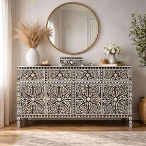 Handcrafted Bone Inlay <b>Console</b> <b>Table</b> <b>Black</b> White Geometric Pattern Bohemian Entryway Storage Cabinet Decorative Accent Furniture - Product Image 1