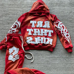 Conjunto de Sudadera y Pantalones Deportivos Vintage con Lavado Ácido Personalizado, Pantalones Acampanados, Sudadera con Capucha, con Apliques Bordados, Tela de Felpa, Estilo Desgastado - Product Image 4