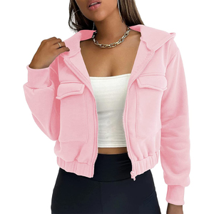 Sweat-shirt court zippé pour femme avec poches poitrine, en coton, style mode, veste ou vêtement d'extérieur - Product Image 1