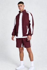 Wholesale Men's <b>Burgundy</b> Windbreaker Jacket And <b>Shorts</b> Set Custom Sportswear Tracksuit With White Panel Casual Lightweight Set - Product Image 4