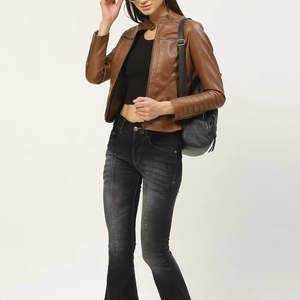 Dark <b>Brown</b> Color Zipper Pocket Fashionable <b>Leather</b> <b>Jacket</b> Women's Wholesale Button Closure Caller <b>Leather</b> <b>Jacket</b> For Women - Product Image 3