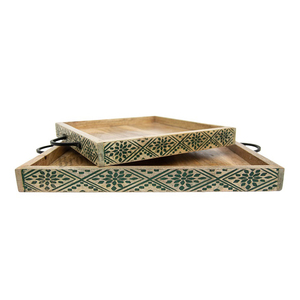 Ensemble de 2 plateaux de service en bois de manguier avec poignées en métal, plateaux en bois sculptés, plateaux décoratifs en bois pour la maison et les restaurants, plateaux de service pour aliments - Product Image 1
