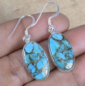 Cobre turquesa 925 pendientes de plata esterlina pendiente de alambre de oreja para niñas hecho a mano turquesa piedras preciosas par pendiente - Product Image 6