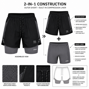 Breathable Double <b>Layer</b> Shorts for Men Reflective Trim and Drawstring Waistband Ideal for Night Running and Training Sessions - Product Image 3