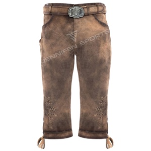 Long Lederhosen personnalisé bavarois pour hommes en daim de chèvre véritable broderie sur les boutons avant fermeture poches latérales boucles de ceinture - Product Image 1