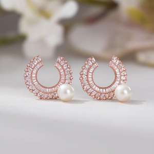 Vintage Rose Gold Round Stud Earrings with Zircon and Pearl - Product Image 3