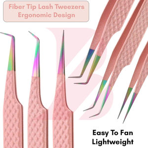 Kit de 3 pinces à épiler pour extensions de cils avec logo personnalisé, pinces à volume texturées roses avec étui en cuir PU pour salon de beauté - Product Image 5