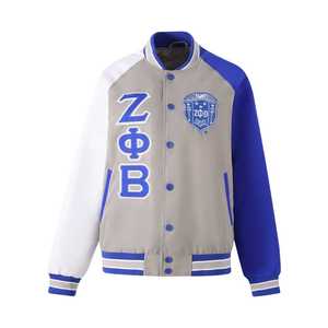 เสื้อแจ็คเก็ตบอมเบอร์ผ้าซาตินสีเทา-น้ำเงิน Zeta Phi Beta ปักลายเชนิลล์ ซับในสั่งทำพิเศษสำหรับผู้หญิง สไตล์กรีก ติดกระดุมแป๊ก เสื้อผ้าพรีเมียม - Product Image 1