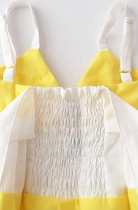 Robe longue d'été Double couleur à rayures jaunes et blanches, superbe, couleur Double, avec grand nœud papillon blanc dans le dos, bretelles d'épaule réglables - Product Image 2