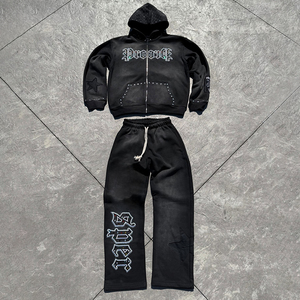 Sweat suit made in French Terry Men Distressed and Rhinestones Heavy Weight <b>Thick</b> <b>Fleece</b> Cotton Oversized Tracksuits for Men - Product Image 6