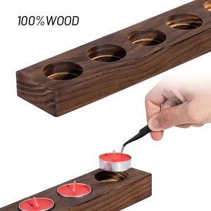Portavelas de madera para velas de té con siete velas de té blancas espaciadas uniformemente, dispuestas en un rectangular largo hecho a mano en color oscuro. - Product Image 2