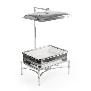 Magnifique réchaud rectangulaire argenté sur un support à quatre pieds avec bras suspendu haut et couvercle assorti, idéal pour les mariages - Product Image 2