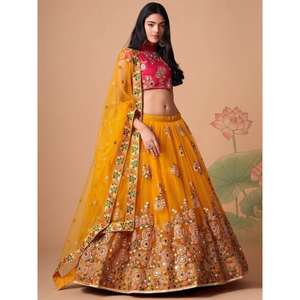 Impresionante trabajo de espejo amarillo Lehenga Choli Net Recepción Wear Vestido de red decorativo - Product Image 6