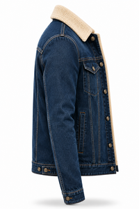 Chaqueta de Mezclilla Azul Oscuro para Hombre con Cuello de Borrego, Cierre de Botones, Corte Regular, Casual, Otoñal, Resistente al Viento, Ecológica, 100% Algodón - Product Image 3