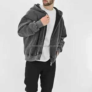 Sudadera con Capucha Corta de Felpa Francesa con Cierre, Lavado Ácido, Gruesa, Unisex - Product Image 2