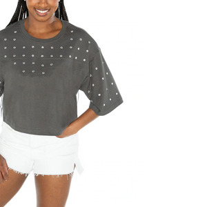 T-shirt décontracté pour femme, coupe ajustée, 100% coton, avec col à nœud décoré de diamants, mailles perforées, doux et respirant - Product Image 3