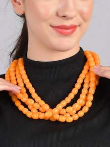 Orange Round <b>Resin</b> Natural Pearl Beaded Heart Cut Diamond Fashion Party Multilayer Necklace for Unisex - Product Image 5