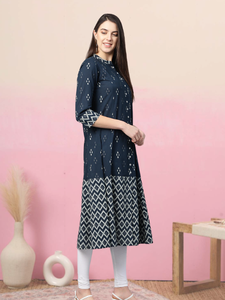 Cotton Geometric Print Short <b>Kurti</b> Blue & Ikat Printed A Line Kurta Collection Collared Neck Three Fourth Sleeve Women Clothing - Product Image 6