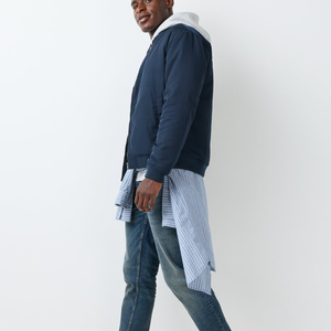 Blouson Bomber Homme Bleu Marine Col Rond Fermeture Éclair Coupe-Vent à Capuche Décontracté Coupe Ample en PU Couleur Unie Printemps - Product Image 2