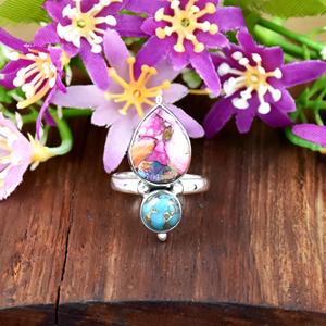 Pink And Blue <b>Turquoise</b> Gemstone Tear Shape Boho And Hippie Style <b>Ring</b> 925 Sterling Silver Handmade Fine Jewelry For Women - Product Image 3