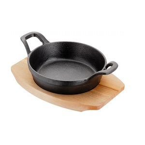 Customized Size Round Shape <b>Cast</b> Iron Sizzling Plate With Wooden Base Best Quality Sizzler Plate From Best Exporter In India - Product Image 1