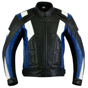 Chaqueta de Motociclista de Cuero para Hombre, Negra, Azul y Blanca, Chaqueta Protectora para Motociclistas - Product Image 1