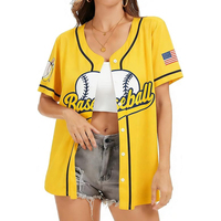 Jersey Bisbol Wanita Lengan Pendek Kerah V Bergaris Kancing Depan Longgar Cocok untuk Musim Panas dengan Patch Bendera Amerika