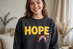 Sweat-shirt oversize en molleton de coton pour femme avec lettres « Hope » jaunes matelassées anti-boulochage et arc-en-ciel brodé - Product Image 3