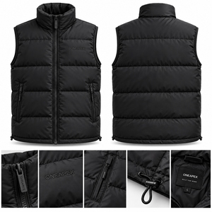 Veste d'hiver sans manches matelassée noire pour homme, fermeture éclair intégrale, col haut, chaude, pour l'extérieur, ONEAPEX OEM en gros - Product Image 3