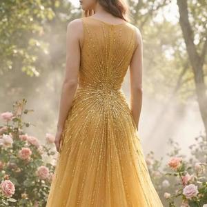 Vestido de Noche Amarillo de Sirena con Adornos Hechos a Mano, Cuello en V Profundo, Manga Larga, Vestido Formal, Fabricante, Venta al Por Mayor - Product Image 2