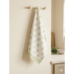 Essuie-tout de cuisine en lin imprimé |   Essuie-tout en lin vert sauge à motif cachemire avec bordure décorative et garniture à pompons - Product Image 1
