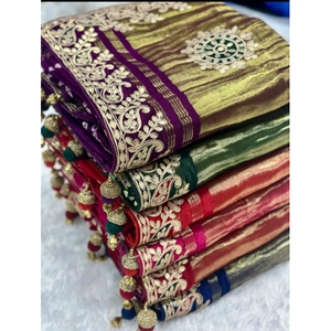 Sari de Seda Pura con Diseño de Bordado Elegante, Estilo Festivo, Aspecto de Lujo, Bordado, Sari de Seda Pura a Precio de Mayoreo - Product Image 1