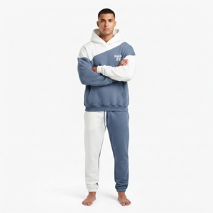 Ensemble de jogging homme personnalisé épais bicolore, comprenant un sweat à capuche oversize à épaules tombantes et un bas de survêtement coupe décontractée à blocs de couleur contrastants - Product Image 6