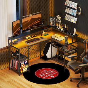 Scrivania a L da 150 cm con luci LED, prese di corrente e libreria per ufficio domestico in spazi ridotti - Nera - Product Image 2